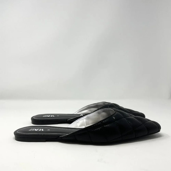 Zara Quilted Vegan Leather Flat Mules Shoes  Black Size 7.5 - Picture 6 of 8